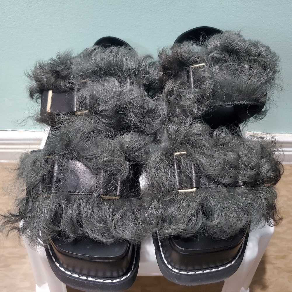 VERSACE Leather Fur Shearling Green Black Platform Clog Sandals Heels sz 41 - Picture 4 of 9